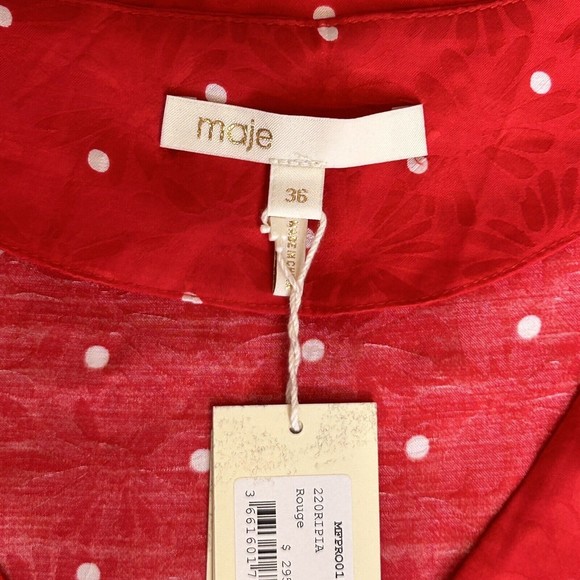 MAJE Womens Red Ripia Twist-Front Polka-Dot Floral Jacquard Mini Dress Sz Small - Picture 10 of 12
